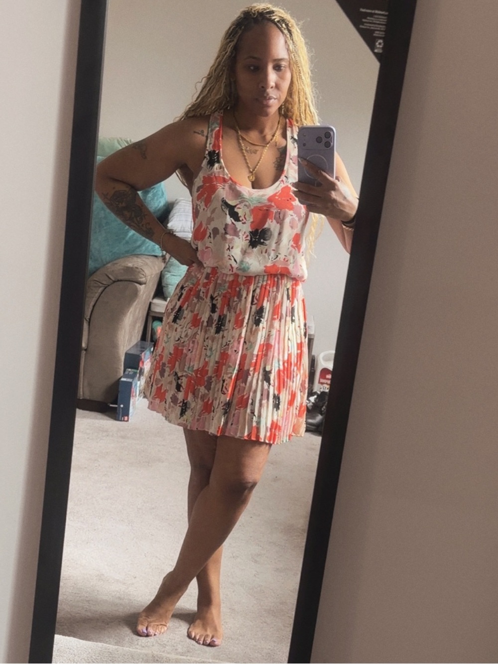 Parker Coral & Cream Pleated Floral Mini Dress